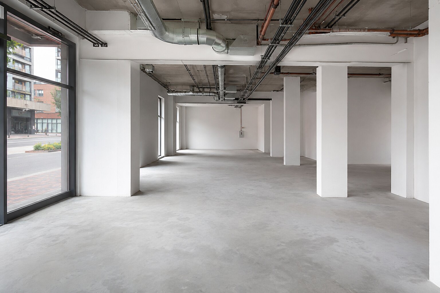 Commercial white-box interior prepared for fit-out
